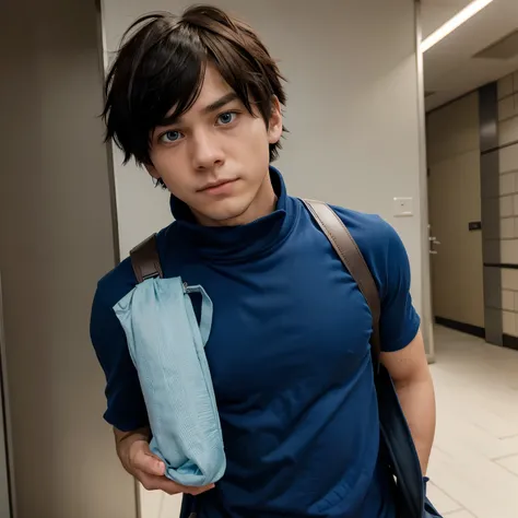 Make a character from Boku no Hero Academia, who has slightly short hair that reaches his neck in layers, who has long bangs that cover his face, and blue eyes, with an expression of discomfort as he firmly grips his bag.