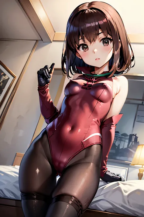 Taeko Kondo、Girls&Panzer、Brown Hair、Short Hair、((pantyhose))、Photo from below、Medium chest、Bedroom、(Doronjo)、Red ribbon、Black gloves、leotard、