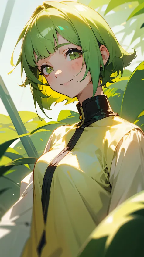 beautiful girl，Yellow-green hair，Beaver、short hair、Gentle droopy eyes，Upper body close-up、smile