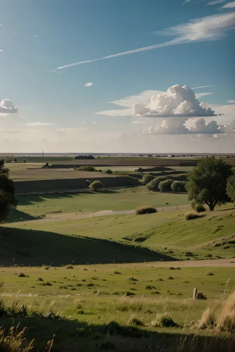 landscape with distant trees and grassland at daytime hyperrealist changed to deserted environment and broken fractured lands