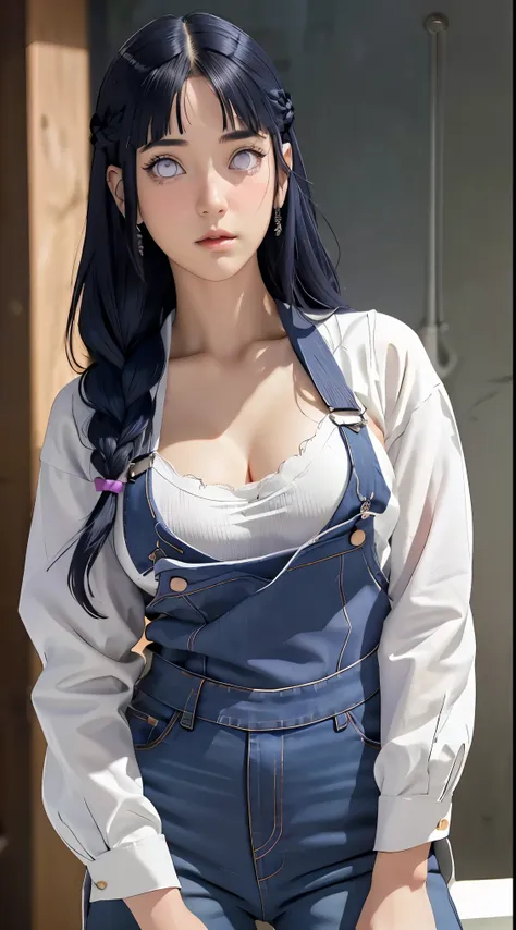 tmasterpiece， best qualityer， ultra - detailed， illustration，1girll，
long whitr hair，dark-blue hair，french braid，Purple eye，bluntbangs，cleavage，Large breasts
shirt，（jeans overalls：1.1），
mideum breasts， 
looking at viewert，hyouka/（Boruto/），Detailed lips