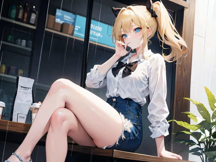 21 year old woman with blonde hair, Turquoise eyes, big , A short ponytail and a black bow are tied on the back...  Wearing a white shirt and short jeans, sitting at a coffee shop. in the rain Gesture of drinking coffee