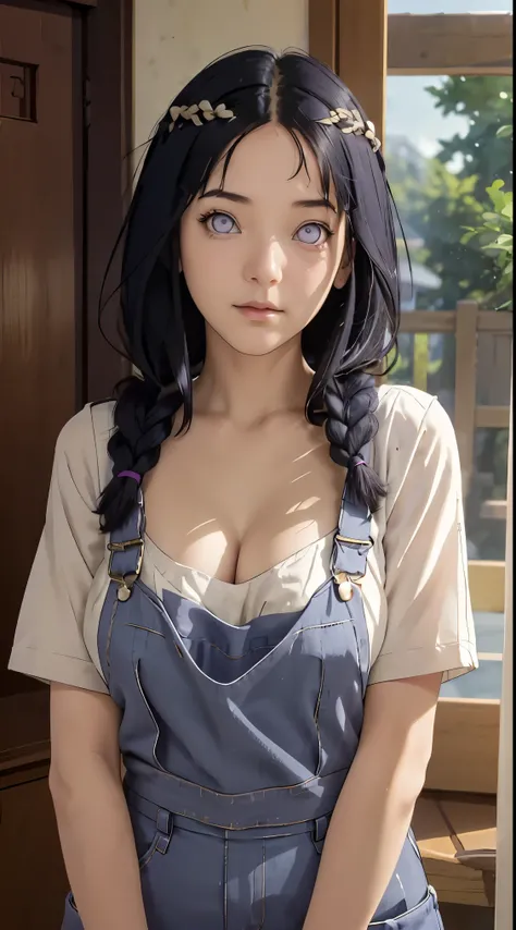 tmasterpiece， best qualityer， ultra - detailed， illustration，1girll，
long whitr hair，dark-blue hair，french braid，Purple eye，bluntbangs，cleavage，Large breasts
shirt，（jeans overalls：1.1），
mideum breasts， 
looking at viewert，hyouka/（Boruto/），Detailed lips