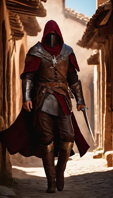 Realistic, 4k, rogue assasin with leather armor, Hood on head croaching in a medieval village in sunny day