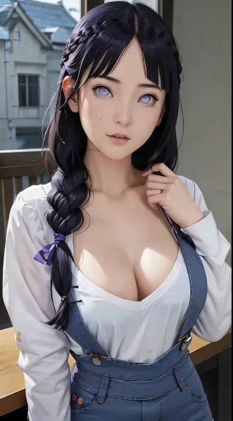 tmasterpiece， best qualityer， ultra - detailed， illustration，1girll，
long whitr hair，dark-blue hair，french braid，Purple eye，bluntbangs，cleavage，Large breasts
shirt，（jeans overalls：1.1），
mideum breasts， 
looking at viewert，hyouka/（Boruto/），Detailed lips