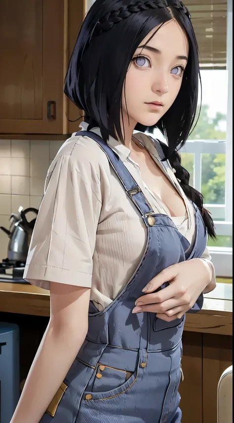 tmasterpiece， best qualityer， ultra - detailed， illustration，1girll，
long whitr hair，dark-blue hair，french braid，Purple eye，bluntbangs，cleavage，Large breasts
shirt，（jeans overalls：1.1），
mideum breasts， 
looking at viewert，hyouka/（Boruto/），Detailed lips