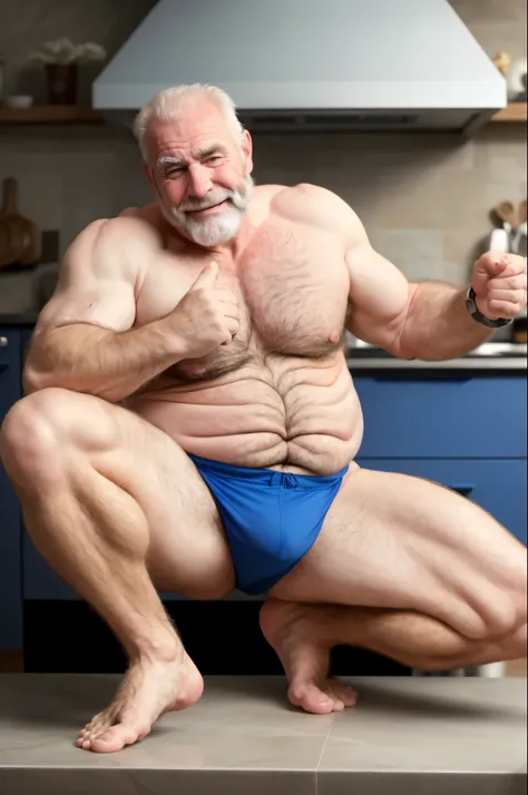 mature old man, virile, tough, plump, bulging, argentine, grandpa, blue eyes, hairy, furry white body hair, pale skin, rolex watch, red micro thong lingerie, barefoot, big feet, intricate details, full body, kitchen, pervert teasing smile