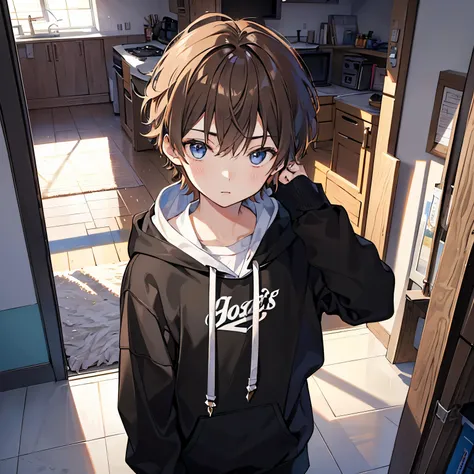 1 boy, hair light, brown colored eyes, black hoodie