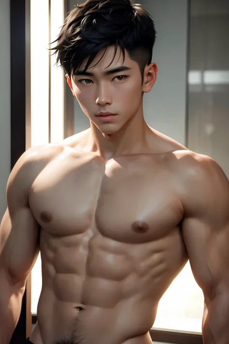 short detailed hair，shirtless half body，Chinese boy, musculature，Black hair，serius face，Handsome boys，