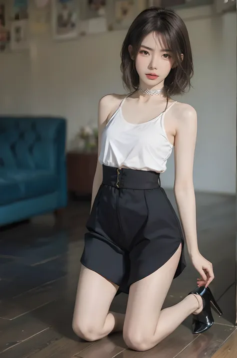 femboy， ((Masterpiece)), (Cute: 2.0), The face is extremely detailed, Enchanted expression, Strong gaze, Black Double French Braid, (Thin structure),Slightly round face,Tanned brown face, Healthy face, small eyes, Thin thighs, (Small chest), confident pose...