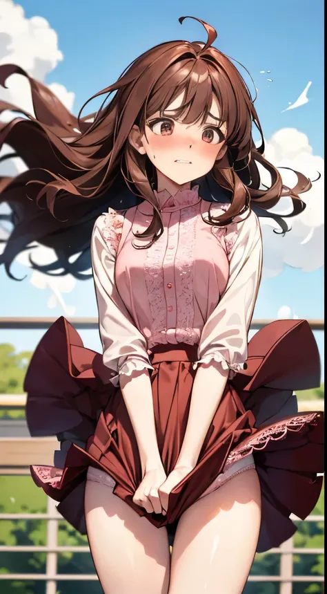 1 Female,Dark brown hair,Long Wavy Hair、20-year-old woman、((Annoyed expression)),Beautiful Medium Large、White shirt,Red dress,Stylish,,(Look forward)(((Blushing、Embarrassed expression)),(((The wind blows up my skirt)))、Pink lace panties