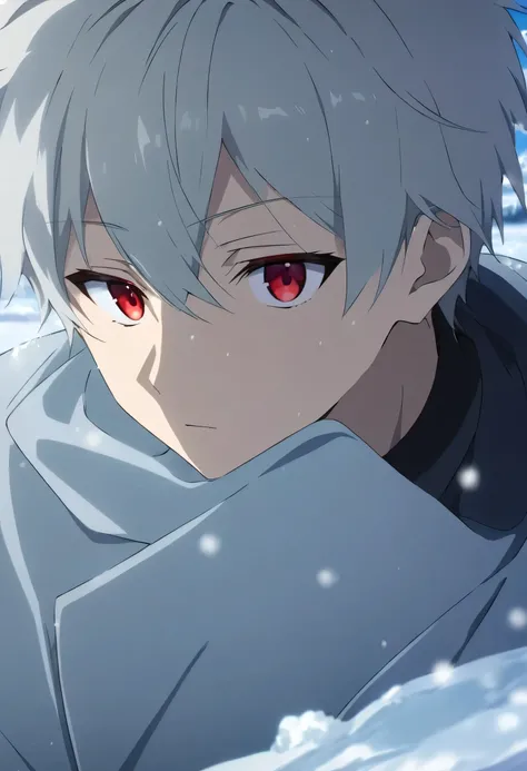 Anime boy with red eyes and cold face 