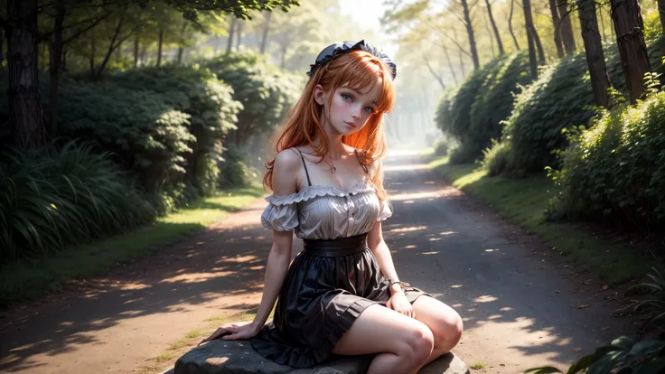 8k, masterpiece, lolita, ginger hair, ginger eyebrows, shes looking at us, bare shoulders ,delicate legs, black skirt, looking at the viewer, Looks straight into your eyes, her gaze is directed at you,Sunlit, Frolicking happily, small smile, colorful Dress...