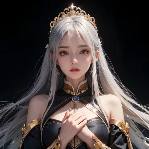 Girl, spellcaster, gold and silver uniform, silver hair, wear tiara, picture form top to belly, sexy pose, round face, big , transparent background, look at camera, detailed, photorealistic, best quality, black background