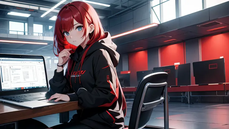 sitting working on a laptop、a young woman with red hair wearing a black hoodie with the hood up, her power is technology, semi r...