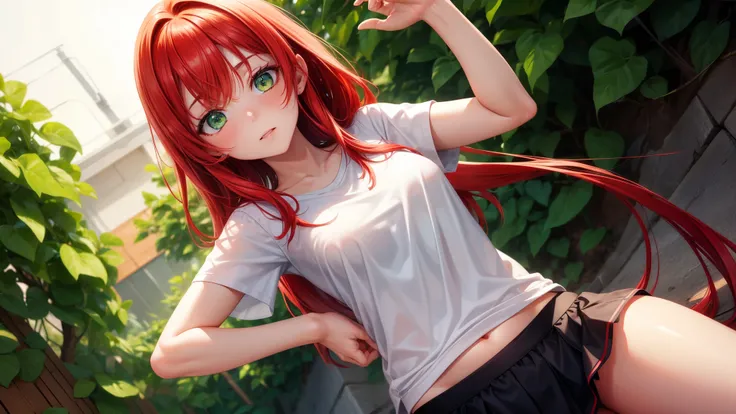 Best quality, ultra high resolution, 1 girl, Red hair, Green eyes, short and thin body, white short t-shirt, skirt, ((shyexpression)),