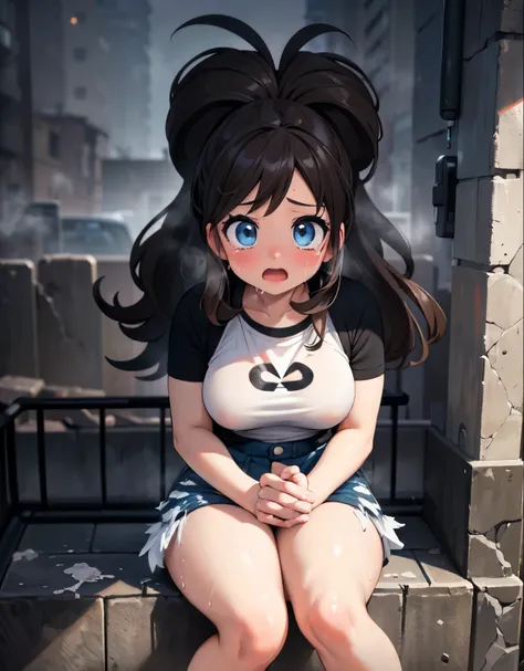 Hilda Pokemon,dark alley,sitting on her legs,knees together,visible thighs,thick thighs,curvy body,tears running down her face,wiping her tears,looking at the camera,torn clothes, cum on face, open mouth, bukkake, (best quality,4k,8k,highres,masterpiece:1....