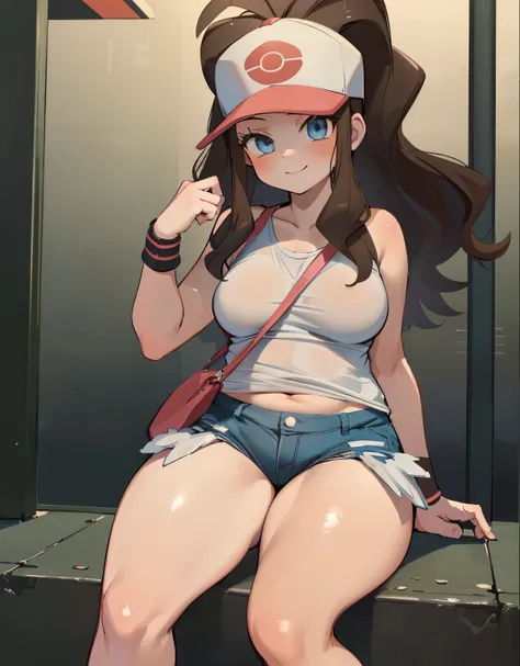 (best quality, highres, masterpiece:1.2), ultra-detailed, realistic:1.37, sketches, hilda pokemon, def1, teenage girl, sitting on her knees, curvy, visible thighs, chubby thighs, thick thighs, thighs in the foreground, body shape, dirty underpass, underpas...