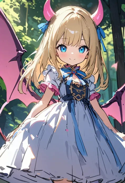 1girl, , long blonde hair, blue eyes, younger person, pink horns with blue ribbons, pink spaded demon tail, pink bats wings, white and blue dress, smiling at viewer, forest background, ultra-detailed, sketch, UHD, UHD, UHD