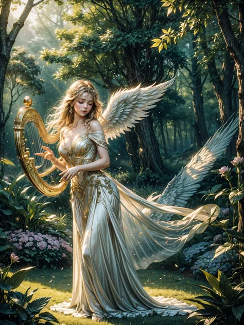 (best quality,4k,8k,highres,masterpiece:1.2),ultra-detailed,(realistic,photorealistic,photo-realistic:1.37),magical,mythical,angel,A angel playing a harp with tremendous passion and emotion,sparkling,golden strings,magical,enchanted harp,hazy,wisps of colo...