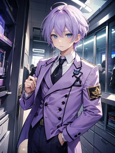 1boy, light purple hair, beautiful boy, blue eyes, double-breasted jacket, trousers, school