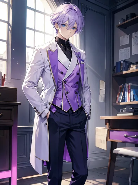 1boy, light purple hair, beautiful boy, blue eyes, double-breasted jacket, trousers, school