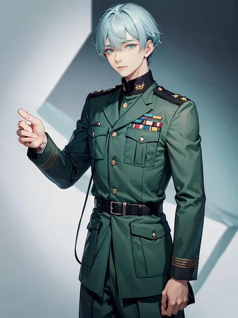 1 man, ((dark green clothes)), ((ice blue hair)), ((grey eyes)), ((military uniform)), male