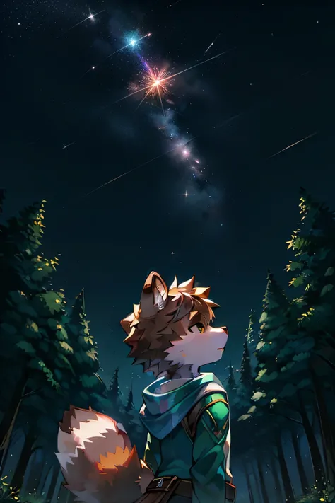 1 boy, Brown raccoon, kemono, Looking up at the stars, Brightness, planet, Iridescent stars, shooting star, Starburst, Chromatic. Fantasy Settings, forest, at night 