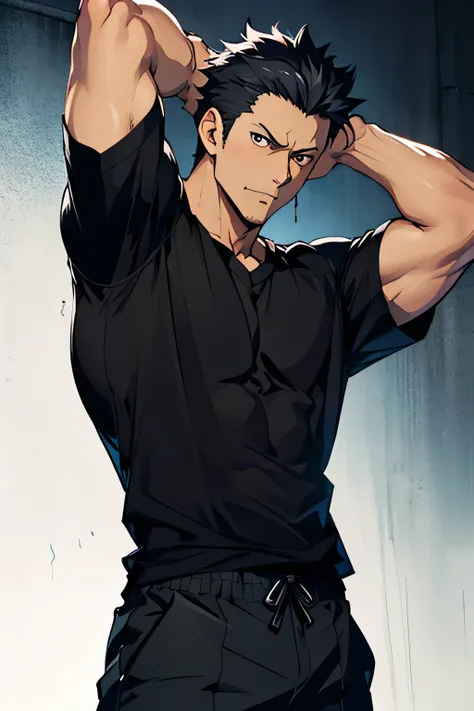 Kiritsugu Emiya from Re Zero is flexing his arms in a black short sleeved tshirt