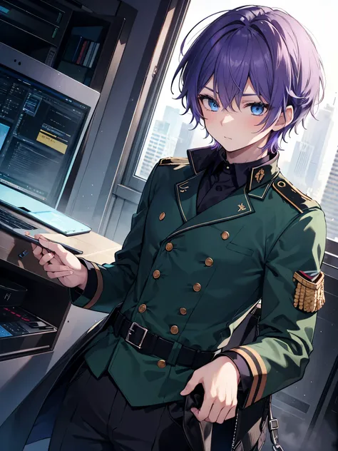 1boy, purple hair, beautiful boy, blue eyes, double-breasted jacket, military uniform, darkgreen clothes