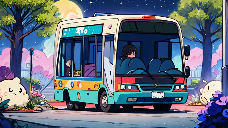 Moon, Park, night, bus