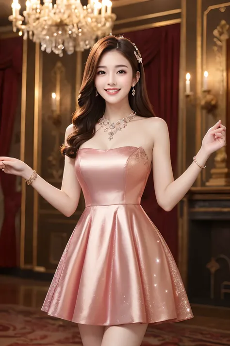 (highest quality、masterpiece、8k、Best image quality、Award-winning works)、1 female、(elegant luxury dress:1.1)、(Gorgeous glitter dress with intricate details:1.2)、Perfect Makeup、thin、The biggest smile is looking at me、(height: 140cm:1.2)、(Very short:1.2)、Stan...