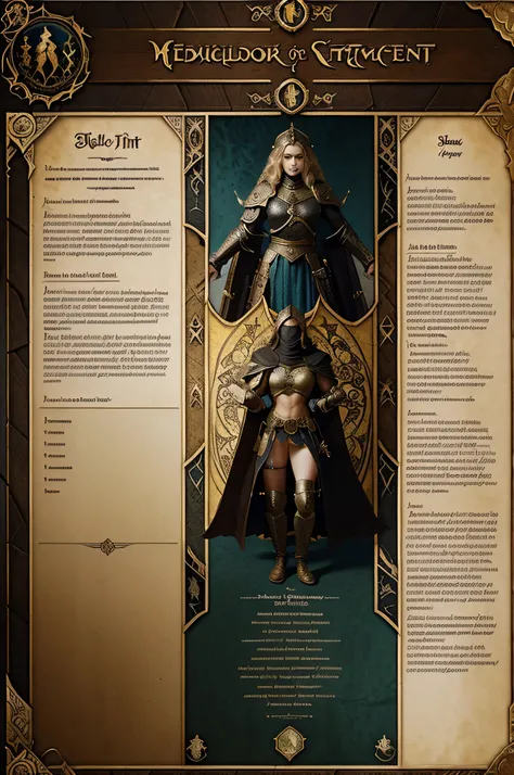 A fantasy roleplay character sheet for hitpoint, designed in the style of a medieval tapestry, with elaborate borders depicting scenes of mythical creatures and epic battles. Within these borders are smaller boxes for recording character attributes and abi...