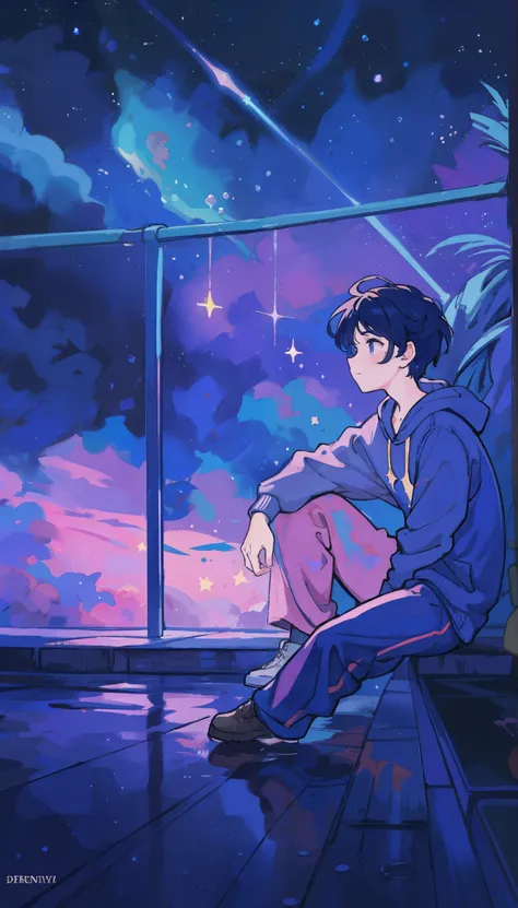 A movie scene featuring an illustrated soft boy character, wearing a cozy outfit, sitting beside a pool of stars amidst a vibrant nebula backdrop, lost in thought. Whimsical, dreamlike, cozy atmosphere, twinkling stars. fantasy world, dark background, clea...