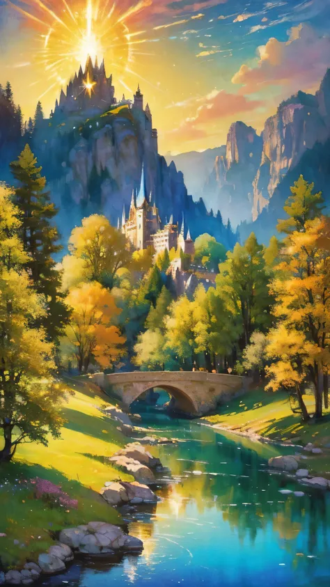 landscape with a castle,(dreamy european castle)、atmospheric oliva lighting、about,4kuhd、great composition with great detail and ...