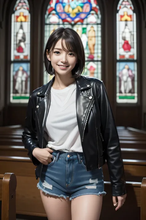 The beauty of 8K raw photos:2.0, Japanese woman, short hair, beautiful face and dark eyes, looking down, looking at the viewer:1.5, big smile, wet hair, tiny top, (leather jacket and denim shorts:1.2), shinny skin, realistic:1.9, very detailed, full body s...