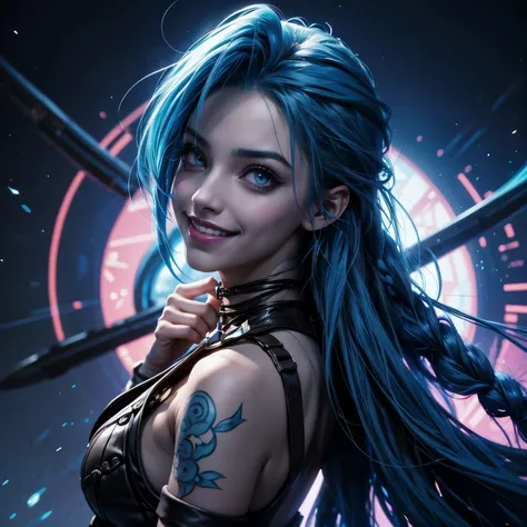 jinx de league of legends, ciudad dark colors blue , blue. cinematica. hd. arriba de un cohete. jinx de pelo blue. happy cara de loca, feliz, sonrisa de loca
