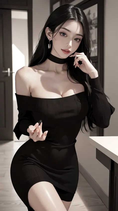((Open your mouth))、masterpiece,highest quality,High resolution,Very detailed,skinny,,((Captivating smile ))、skinny,Black Choker,Earrings,Big cleavage、(Light-colored off-the-shoulder tight sweater dress:1.5)、,Race,(( Perfect Fingers )) , indoor,(Open the...
