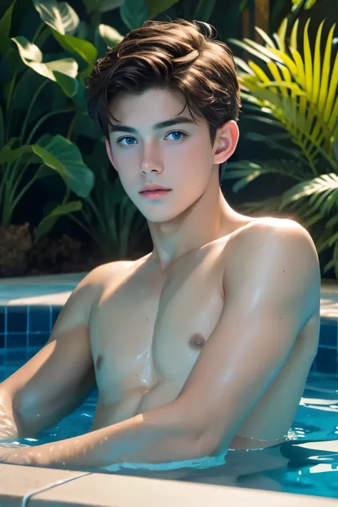 (Best Quality, Realistic), 15 Year Old (1 Boy), Detailed Eyes, Detailed Lips, Brown Hair, Blue Eyes, Wearing Speedo with Volume, Swimming Pool, Cozy Environment, Soft Lighting, Tranquil Surroundings