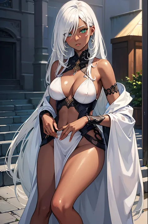 1.woman(dark skin tone) (white hair) (hair over one eye) (green eyes), (alone), 4k full hd, （（（Perfect figure high resolution, ((Best quality at best))，masterpiece，quality，Best quality ((Tabletop)),(((highest quality))),((Very detailed)),((((Realistic)))),...