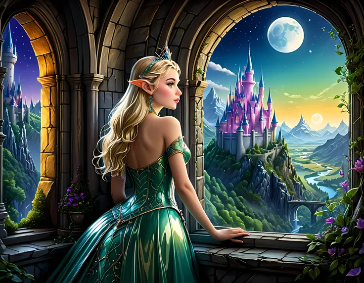 fantasy art, RPG art, a portrait picture of a (beautiful human princess: 1.2) looking through her window at a magical castle, a beautiful elven princess looking through her window to see a magical castle, wearing latex dress, an impressive best detailed ca...