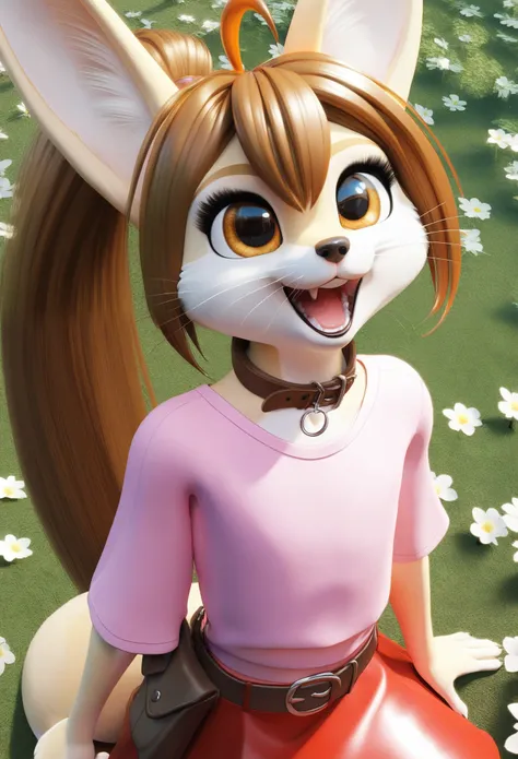 (solo), (close-up), [a two tailed, baby female,  humanoid fennec fox, vanilla fur, ahoge, brown hair in a long ponytail, flat chested, smaller height, small snout with cat whiskers], [wearing a brown collar, a long red skirt, ((pink shirt)), a belt with a ...