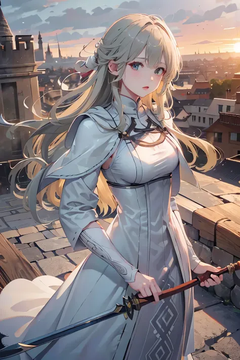 4k,hight resolution,One Woman,cream colored Hair,Longhaire,Green eyes,sister,gray sacred rope,gray sacred armor,Gray hood,Longsword,Medieval cities,the setting sun