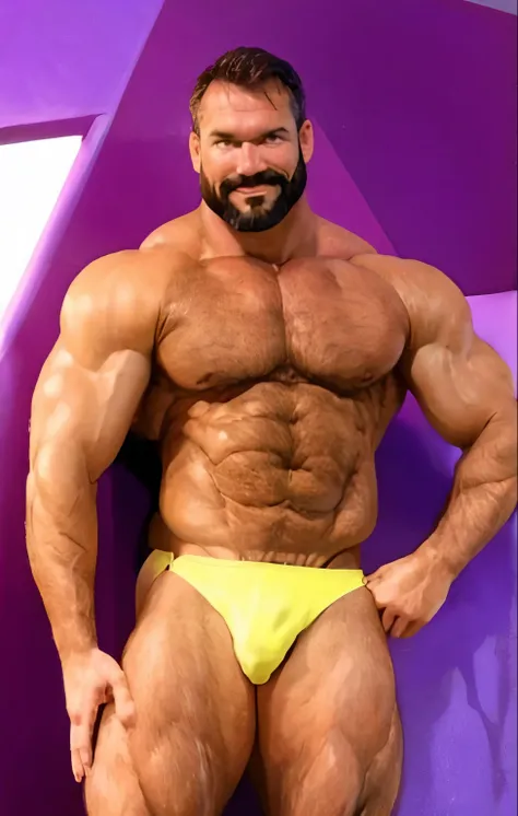 (handsome mature man), (50 yo), white man, wearing a thong, wet thong, wet dripping crotch, bulge, (beefy:1.3), beard, looking at viewer, beautiful man, detailed eyes, symmetric face, smirk, robust, greying hair, full body visible, view from below, spandex...