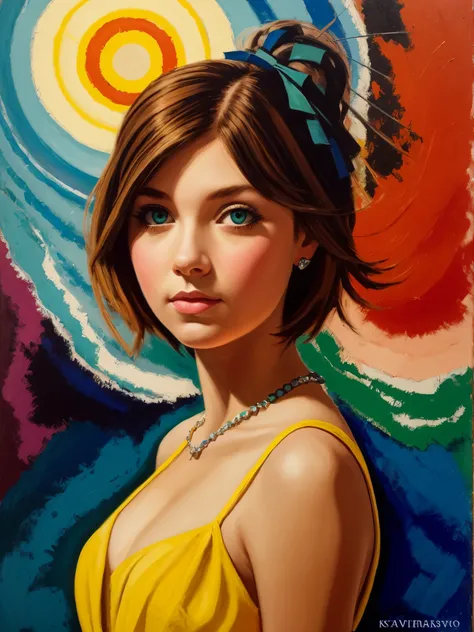 [[(front full portrait:1girl (solo) with big eyes and a short hair oblique bob)((Giampetrino style)), [dress ((Marc Chagall style)])):20]/[background: landscape
 Renaissance, old canva, (scarlet sunset), ((style Alexey Savrasov))]/[very colorful,((oil pain...