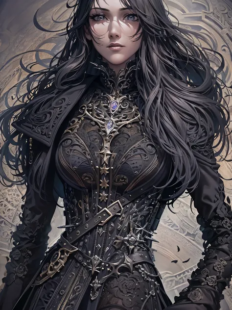 ((highest quality)),(Ultra-high resolution),(Very detailed),(Detailed Description),((The best CG)),(A masterpiece),Ultra-detailed art,Amazing drawing art,(Fantasy art with intricate detail:1.5), (Woman in black long coat:1.7),(Chest accentuated by harness:...