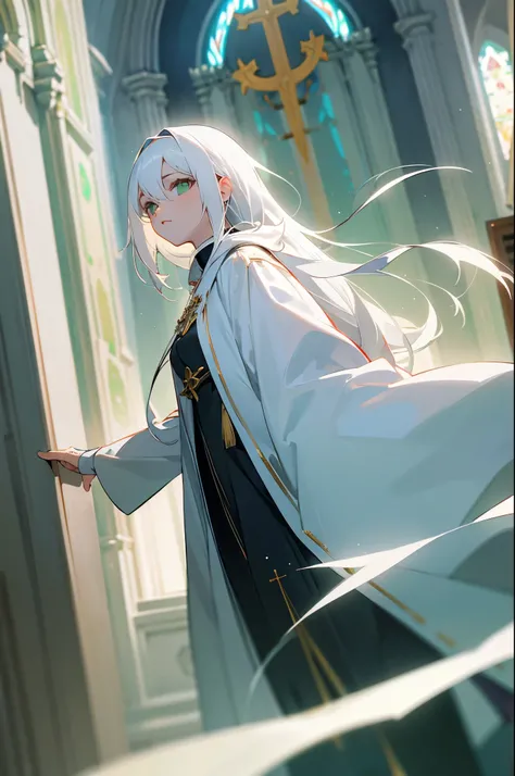 white hair woman godly aura, green eyes, church background