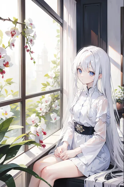 long hair, white, orchids, sitting, looking out a window, looking at the window, not looking at viewer