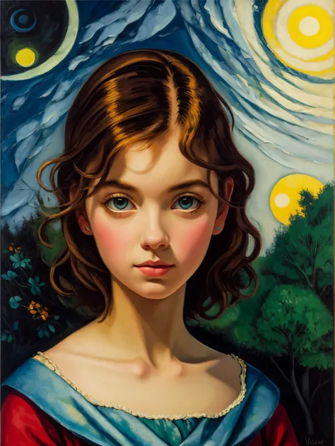 [[(front full portrait:1girl (solo) with big eyes and a short hair oblique bob)((Paolo Veronese style)), [dress ((Marc Chagall style)])):20]/[background: landscape
 Renaissance, old canva, (scarlet sunset), ((landscape style Alexey Savrasov))]/[very colorf...