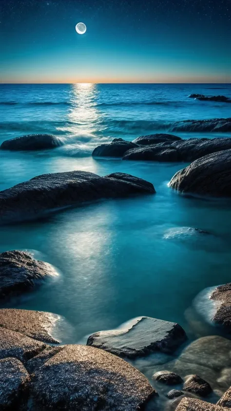 photo realistic image of a night sea landscape with the moon being projected into the crystal clear waters with a starry sky